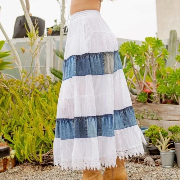 Young Threads Denim Patchwork Tiered Maxi Skirt XL Boho - Picture 5 of 6